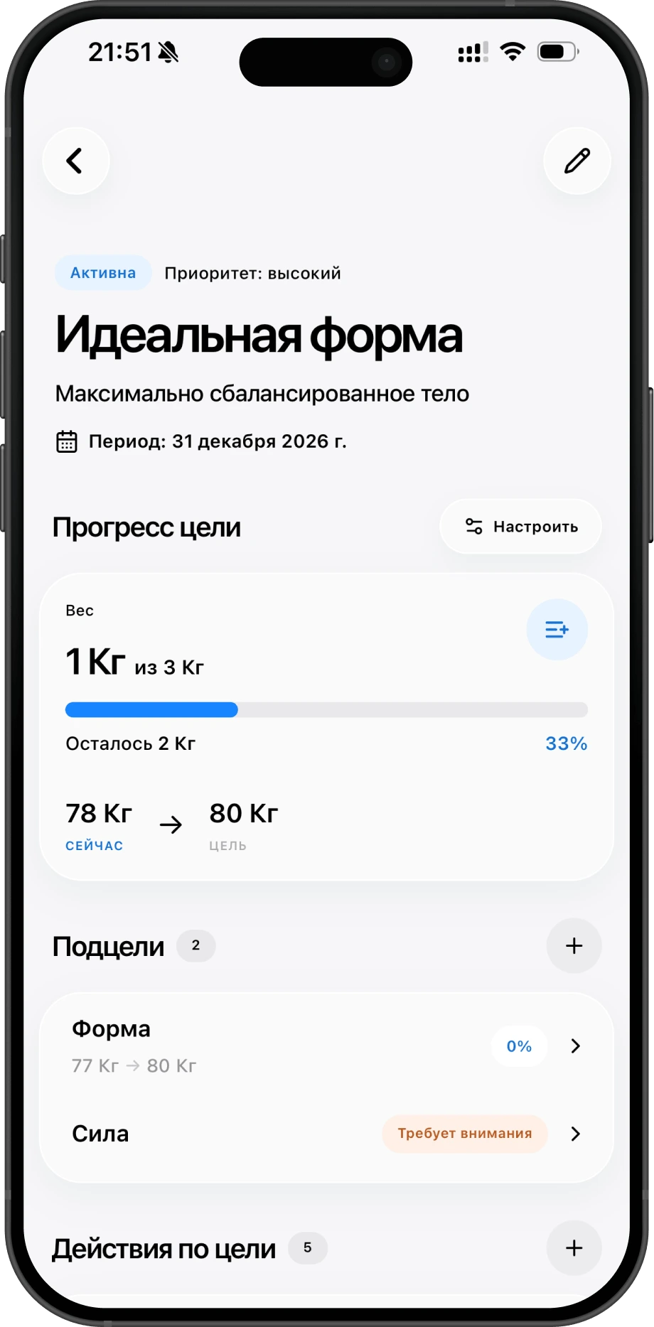 Экран цели и прогресса в приложении Ziz